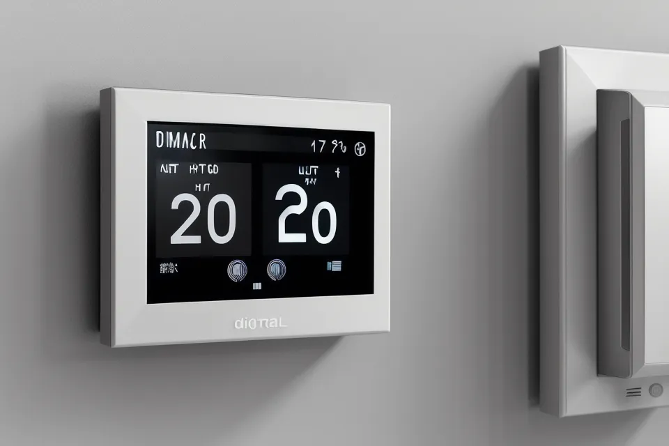 A digital thermostat display showing 65 degrees in a dimly lit room.
