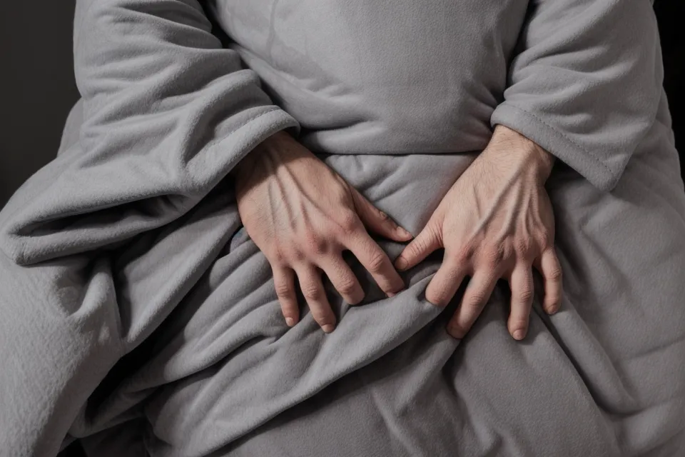 Close-up texture of a heavy grey weighted blanket with a hand for scale.
