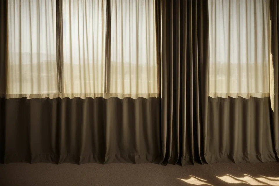 Blackout curtains slightly parted to let in a sliver of morning sunlight.