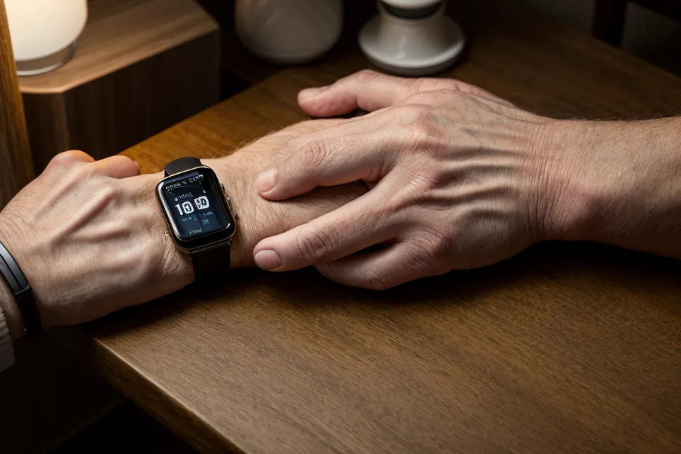 A man holding a supplement capsule next to a smartwatch on a nightstand.