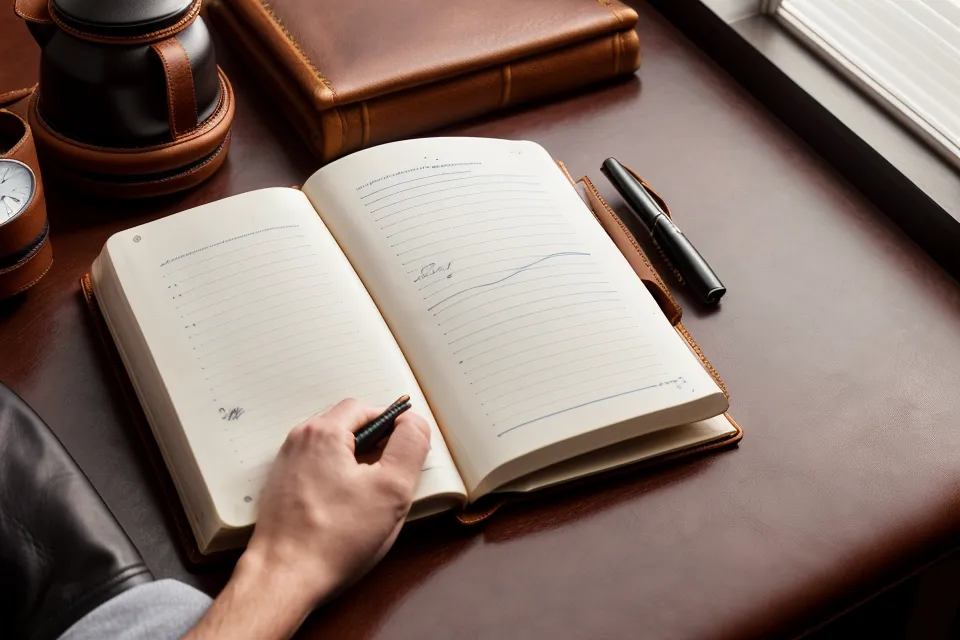 Writing in a sleep journal with a bottle of YU SLEEP nearby in morning light.