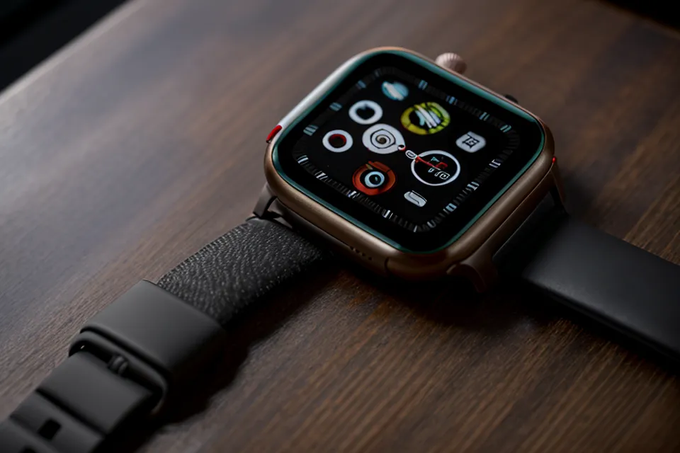 Smartwatch showing a low sleep score and high stress levels on a desk.