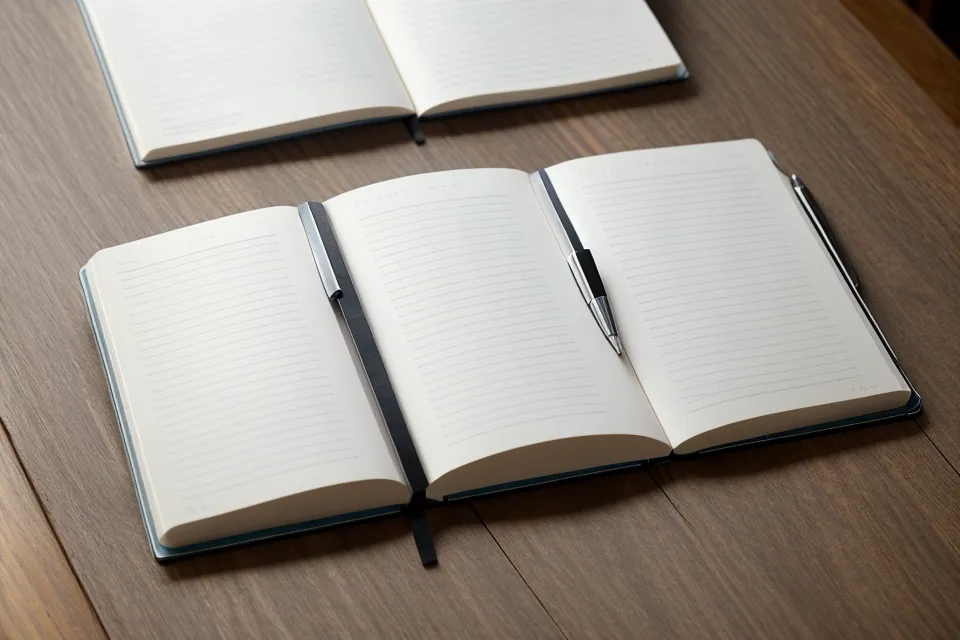 Handwritten sleep tracking logs in a notebook with a pen.