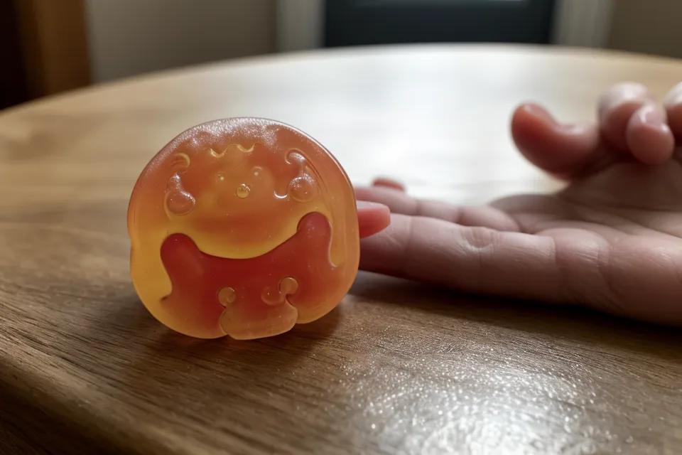A CBN gummy held over a nightstand as part of a non-habit-forming bedtime routine