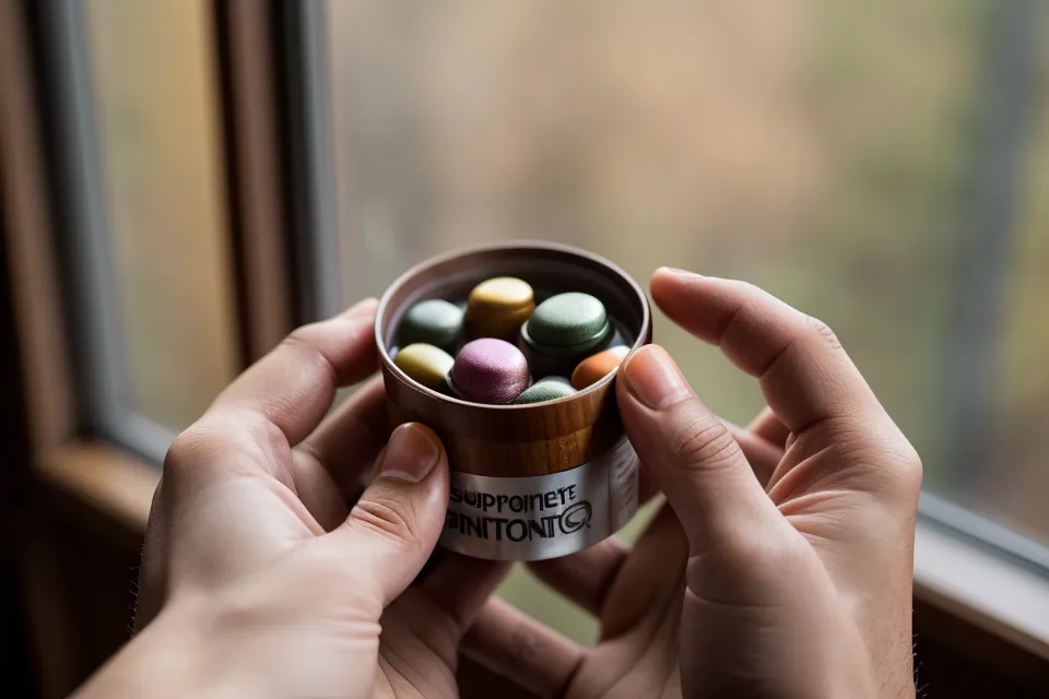 Close-up of a hand holding a supplement capsule in soft morning light.