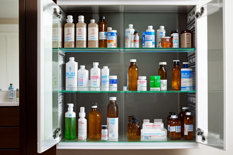 Medicine cabinet stocked with natural sleep supplements including holy basil and magnesium options