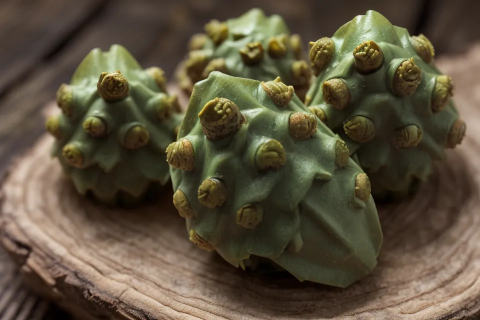 Dried hop cones and supplement capsules on wood