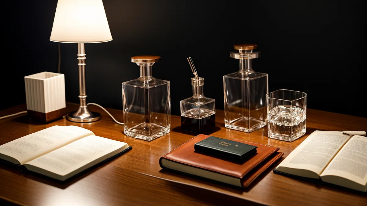 Lemon balm extract bottle beside a nightstand notebook, calming a racing mind before bed