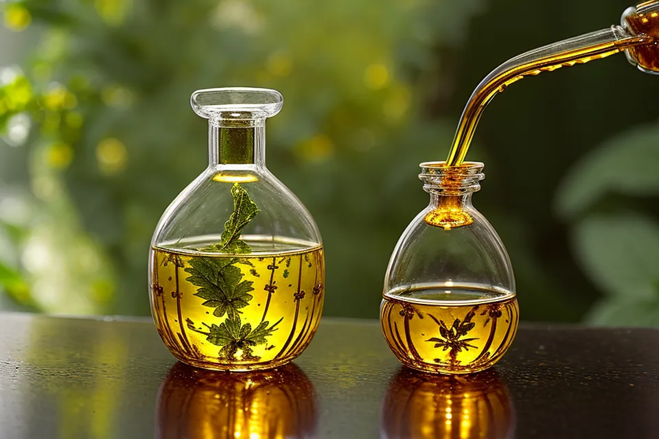 Lemon balm extract tincture dropper measuring a dose over a glass of water for a racing mind