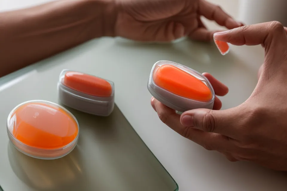 Close up of a person holding a sleep supplement capsule.