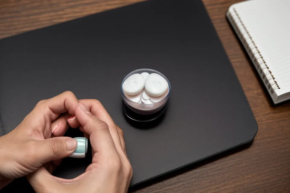 Close-up of a sleep supplement capsule with a handwritten tracking notebook in the background.