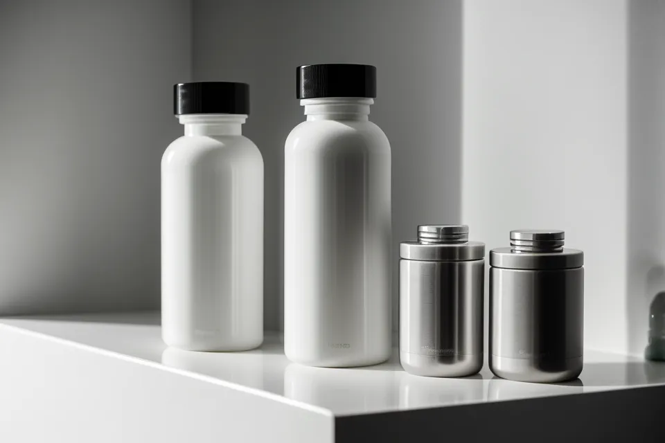 Organized supplement bottles on a bathroom shelf for sleep management.