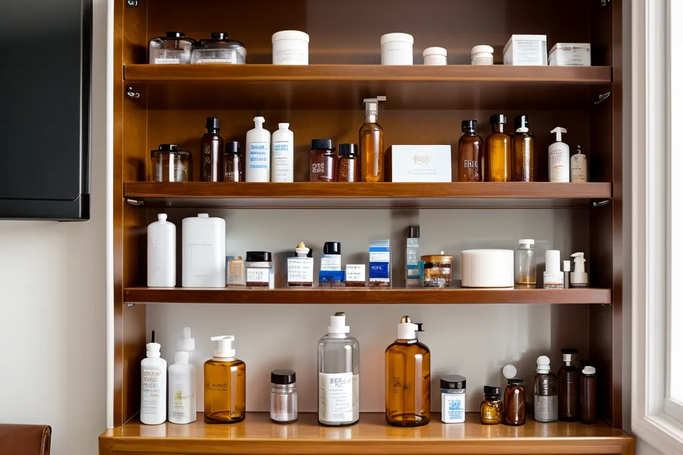A bathroom cabinet shelf crowded with natural sleep supplement bottles.