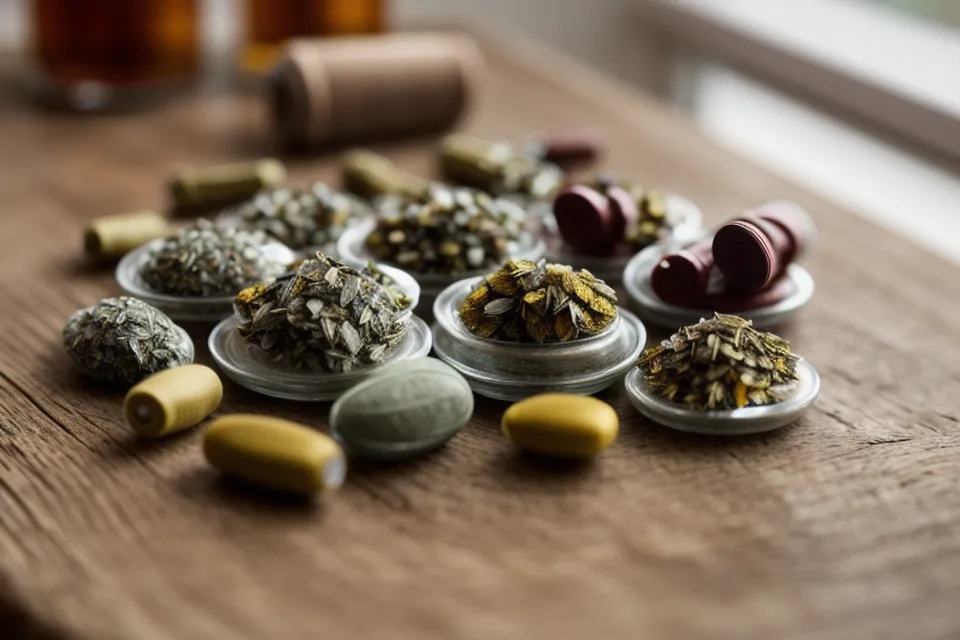 Natural sleep aid capsules and a glass of water on a wooden table.