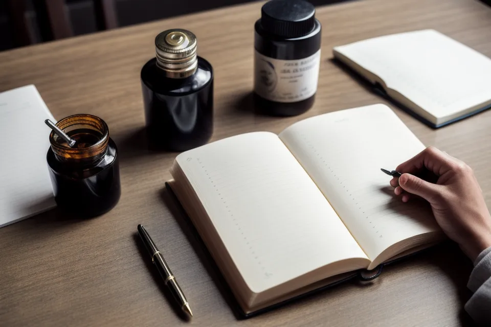 Hand writing in a sleep journal next to a supplement bottle.