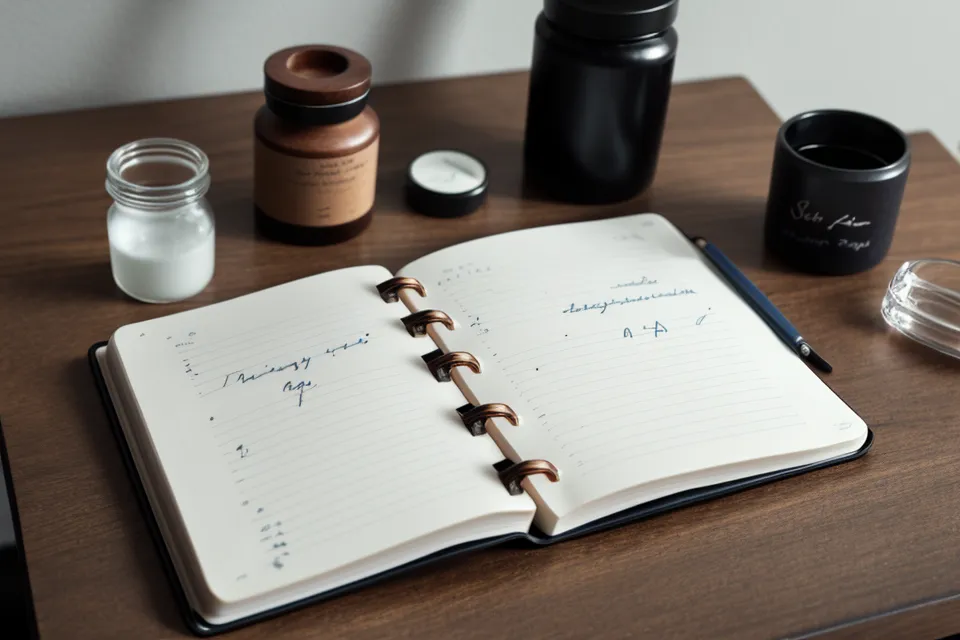 Close-up of a man tracking his sleep data in a notebook next to a supplement bottle.
