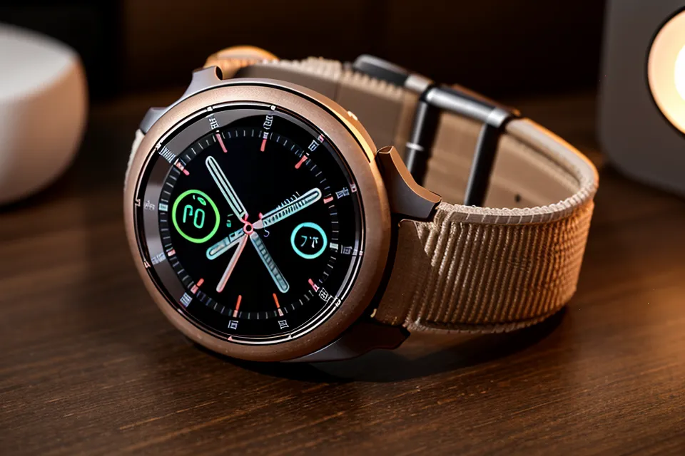 A smartwatch showing a low sleep score of 52 on a nightstand.