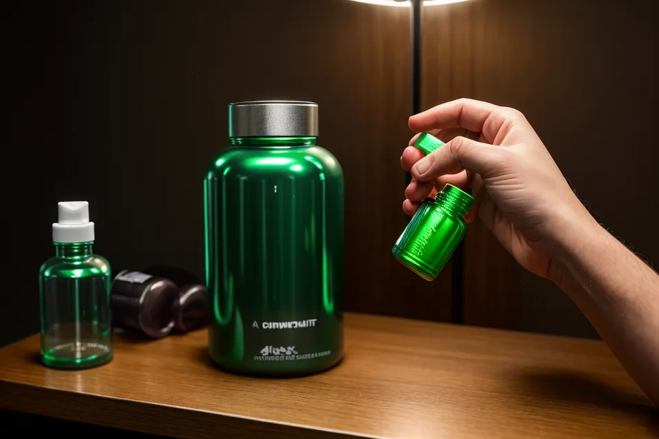 A man's hand reaching for a supplement bottle with a glowing smartwatch on his wrist.