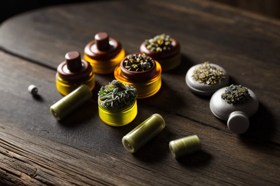 Close-up of valerian root capsules and a tincture bottle on a wooden surface.