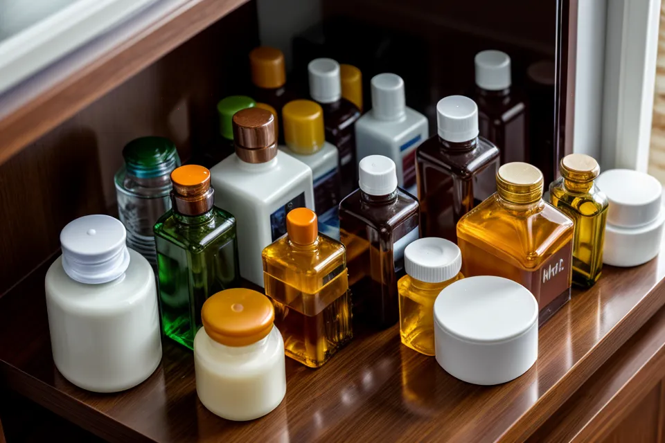 A medicine cabinet shelf filled with various natural sleep supplement bottles.