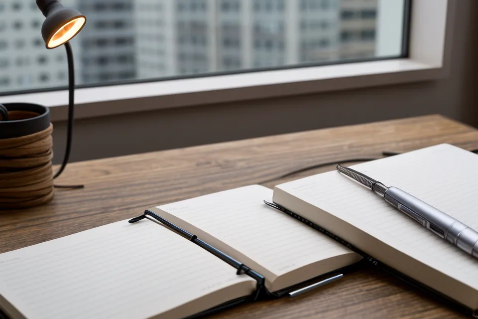 A handwritten sleep log notebook next to a smartwatch and glasses on a desk.