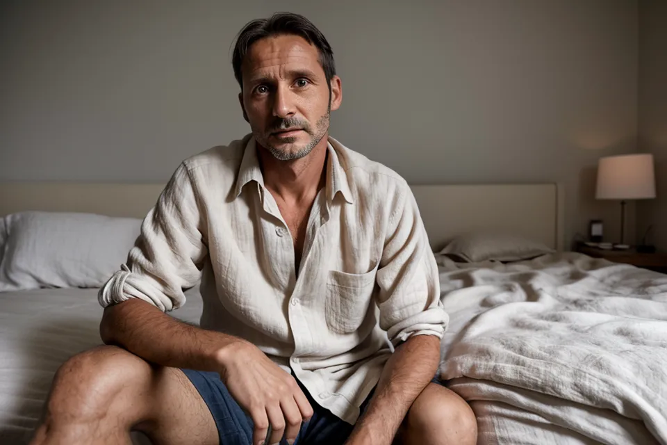 A middle-aged man reflecting on his sleep data while sitting on his bed.