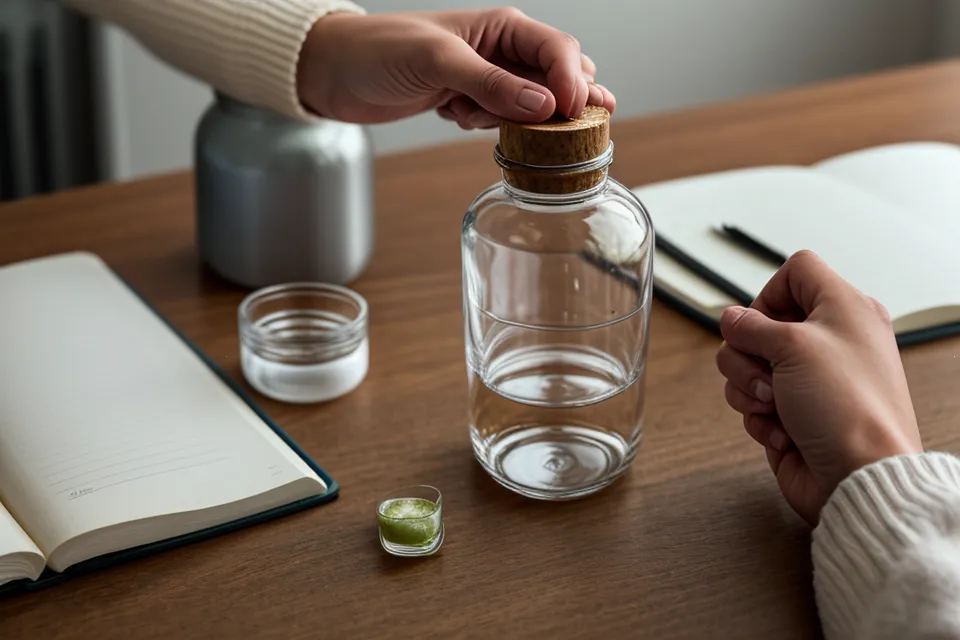 Hand holding a bottle of natural sleep supplements beside a handwritten sleep-tracking log