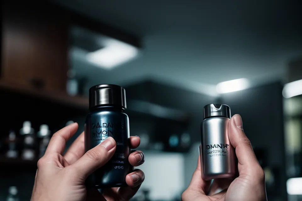 Close-up of a person holding a sleep supplement bottle in a dark kitchen.