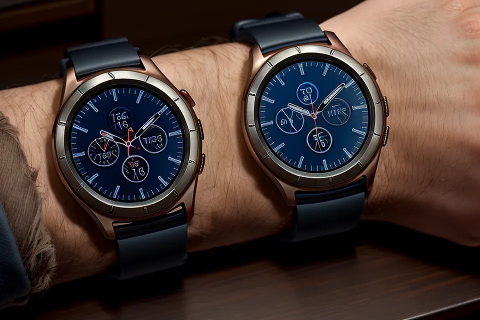 A smartwatch displaying sleep stress data next to glasses on a nightstand.