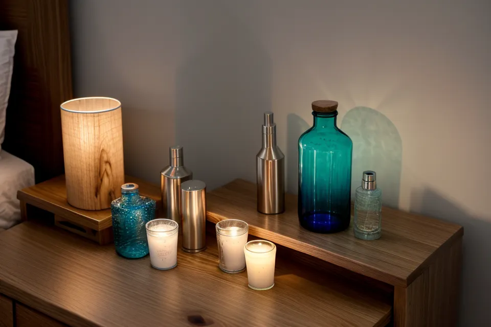 A nightstand with an alarm clock showing 3 AM and supplement bottles.