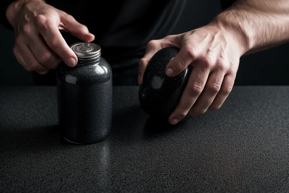 Close up of hands opening a supplement bottle in a dark kitchen.