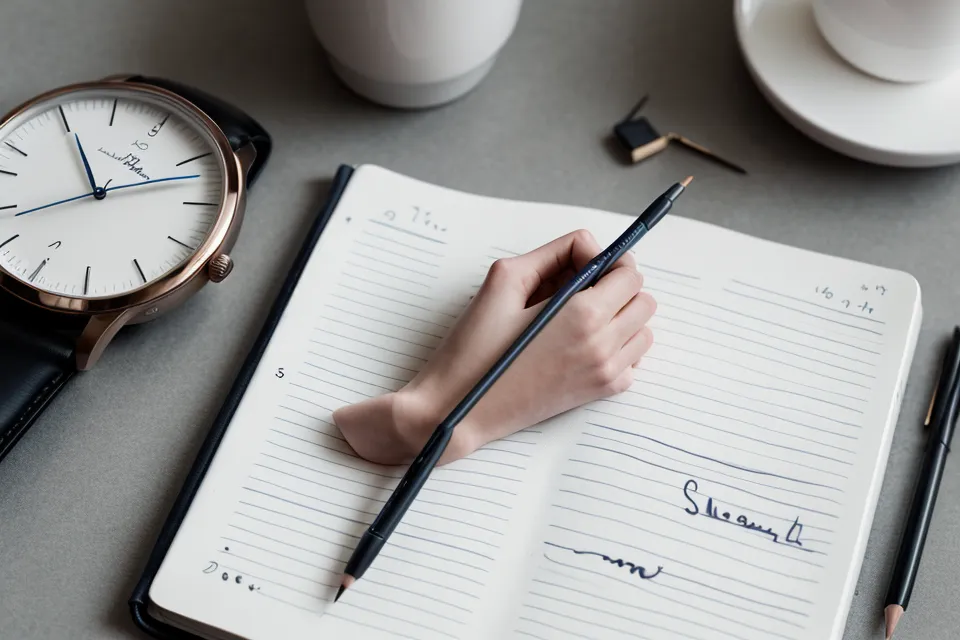 A person recording sleep data in a notebook next to a smartwatch.