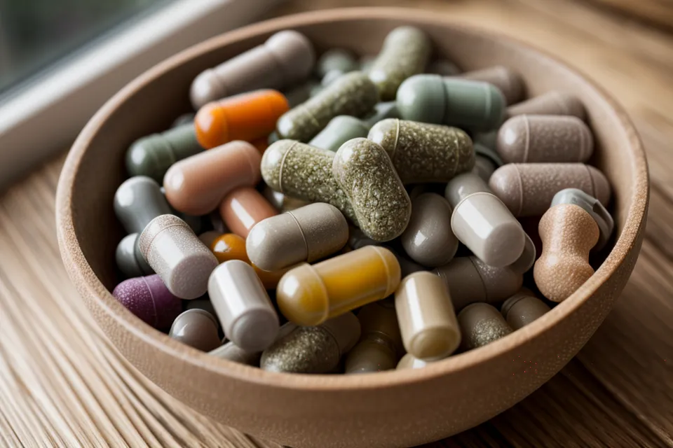 A variety of natural sleep supplement capsules in a small wooden bowl.