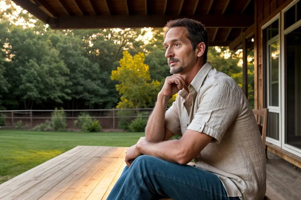 A middle-aged man reflecting on his health journey on a suburban porch.