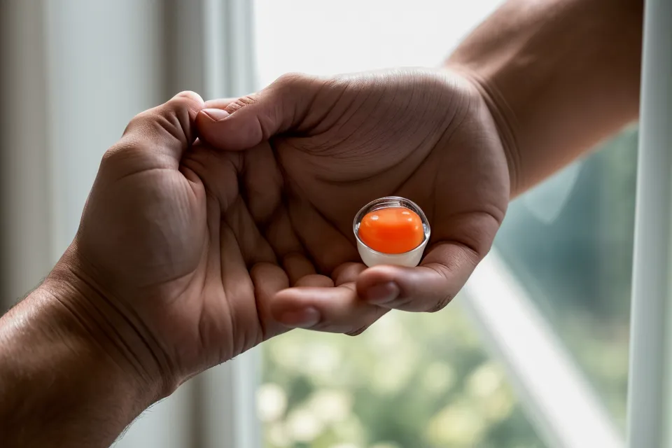 A person preparing to take a sleep supplement in the morning light.