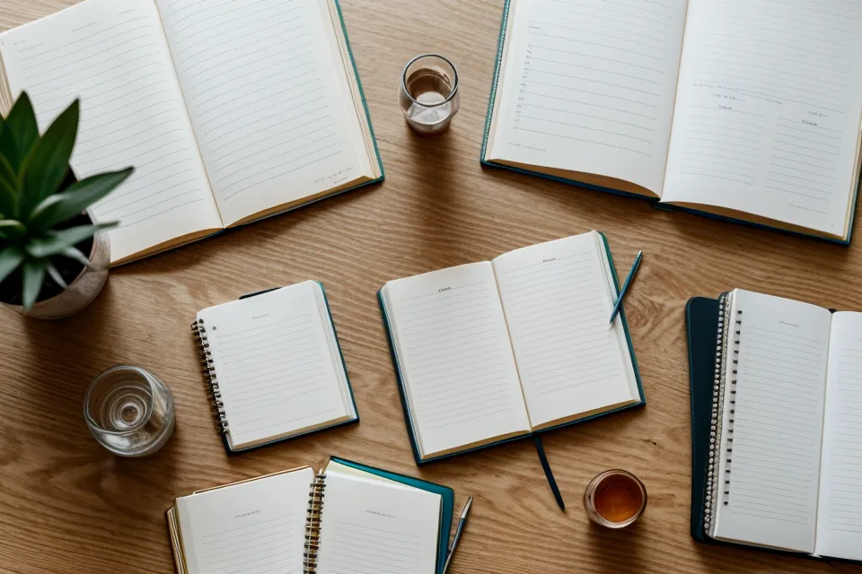 A supplement bottle and sleep tracking notebook on a wooden desk.