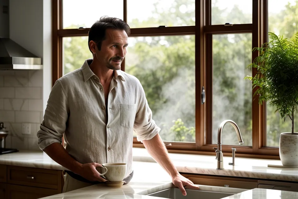A rested man in a sunny kitchen holding a coffee mug.