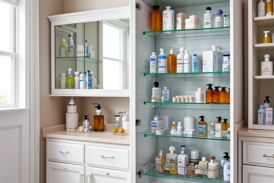 An organized medicine cabinet filled with various natural sleep supplement bottles.
