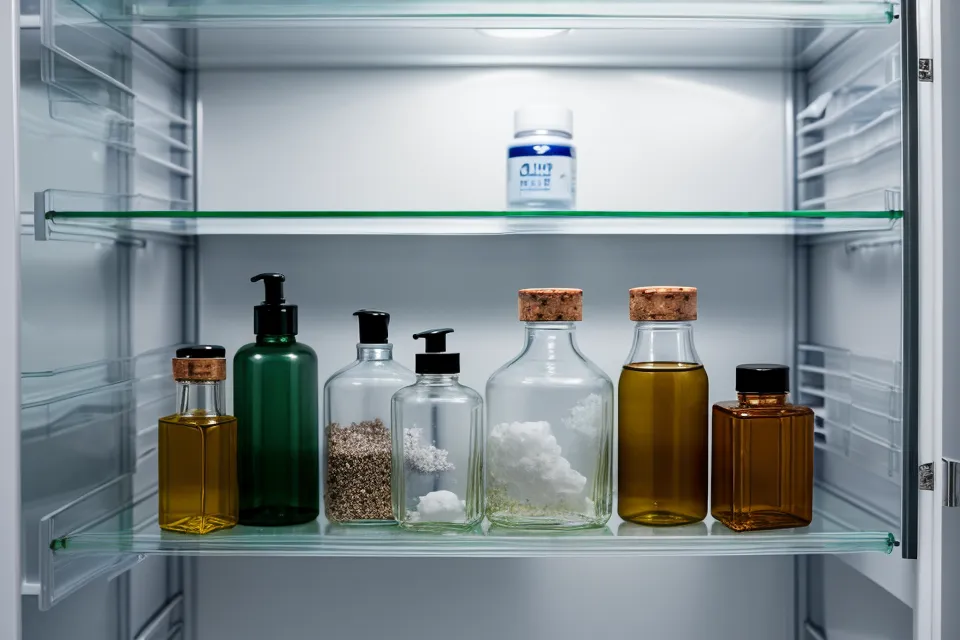 A hand reaching for a magnesium supplement bottle in a crowded medicine cabinet.