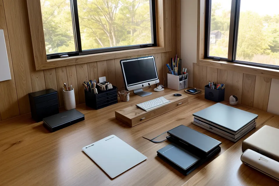Morning sunlight streaming into a home office with a smartwatch showing a high sleep score.