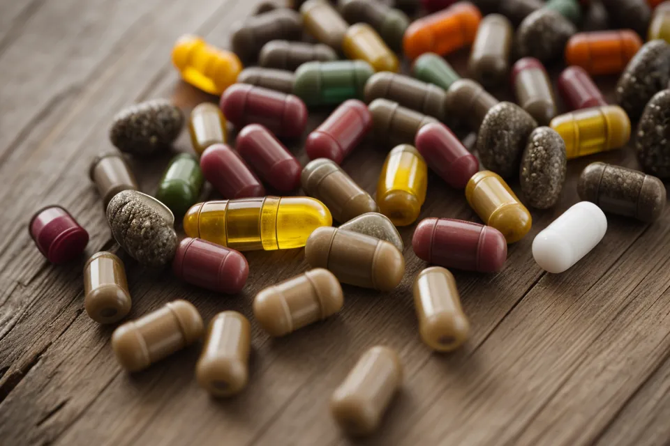 Close-up of various natural sleep supplement capsules and bottles on a wooden table.