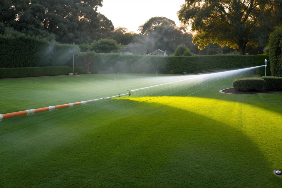 A suburban lawn sprinkler running at dawn viewed through a window.