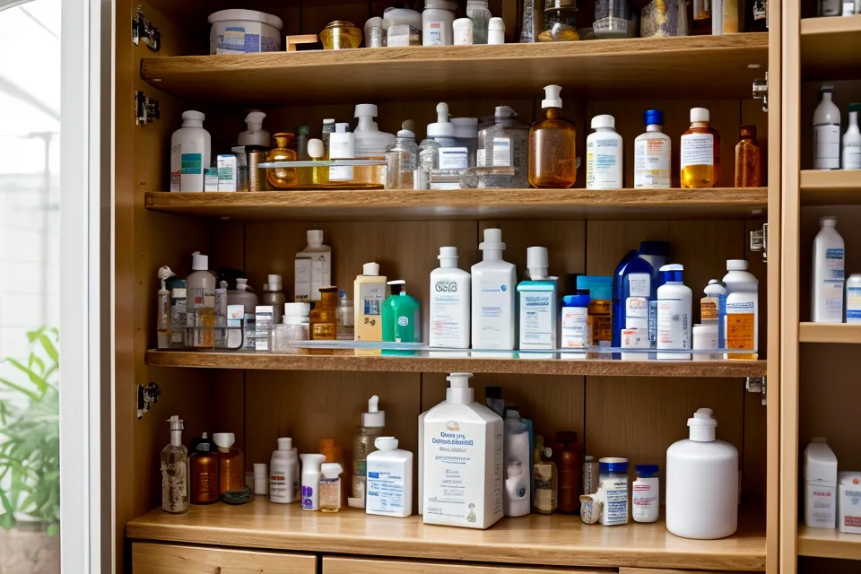 A medicine cabinet filled with various natural sleep supplement bottles and a notebook.