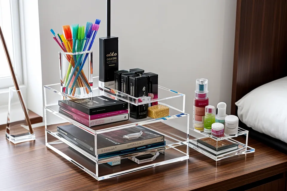 A supplement organizer and sleep tracking notebook on a bedroom dresser.