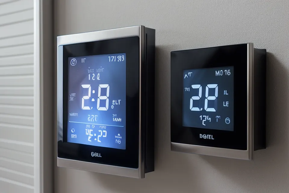 A bedroom thermostat set to 65 degrees for optimal sleep temperature.