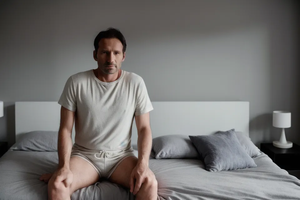 A man checking his smartwatch sleep recovery score in a dark bedroom.