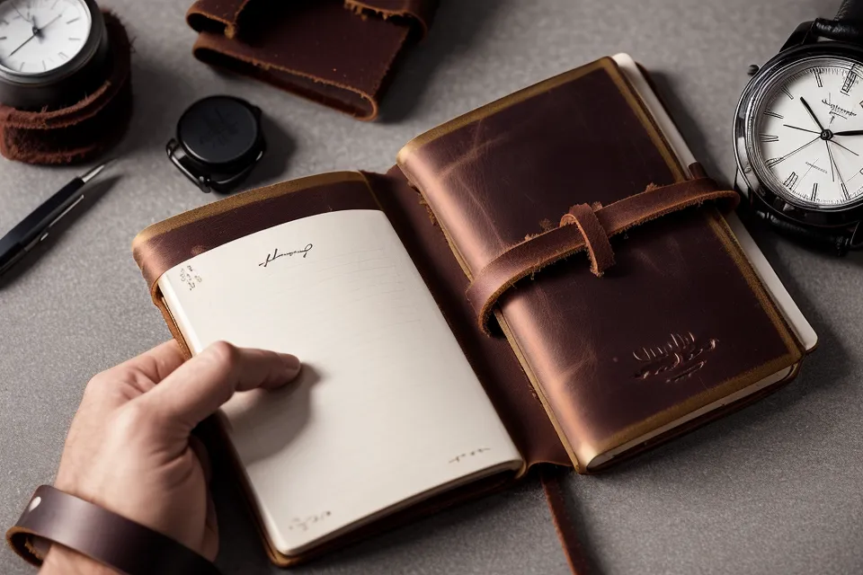 Close-up of a man tracking his sleep data in a notebook with a smartwatch.