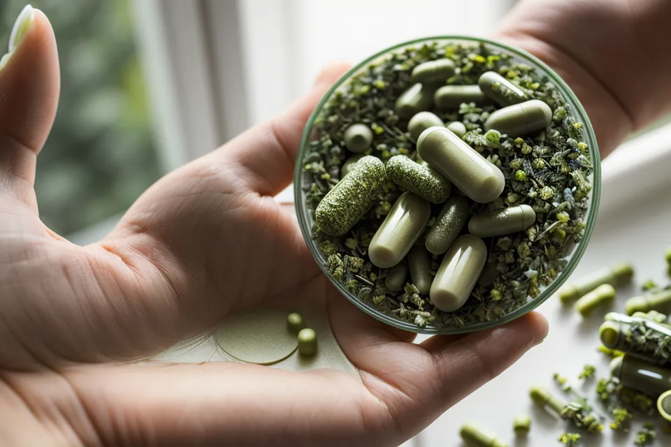 A hand holding herbal sleep supplement capsules in soft morning light.