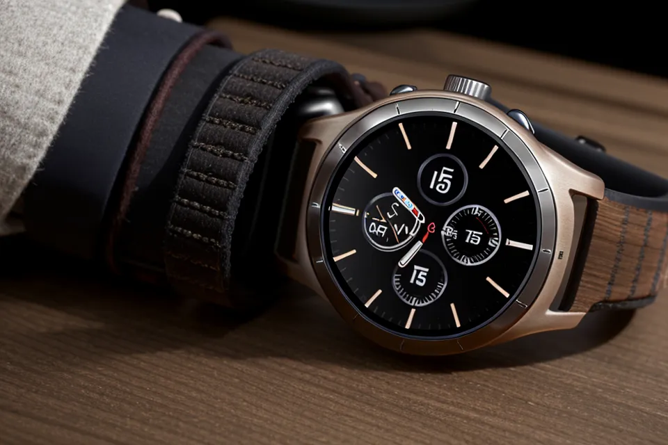 Close-up of a smartwatch displaying sleep data on a nightstand at night.